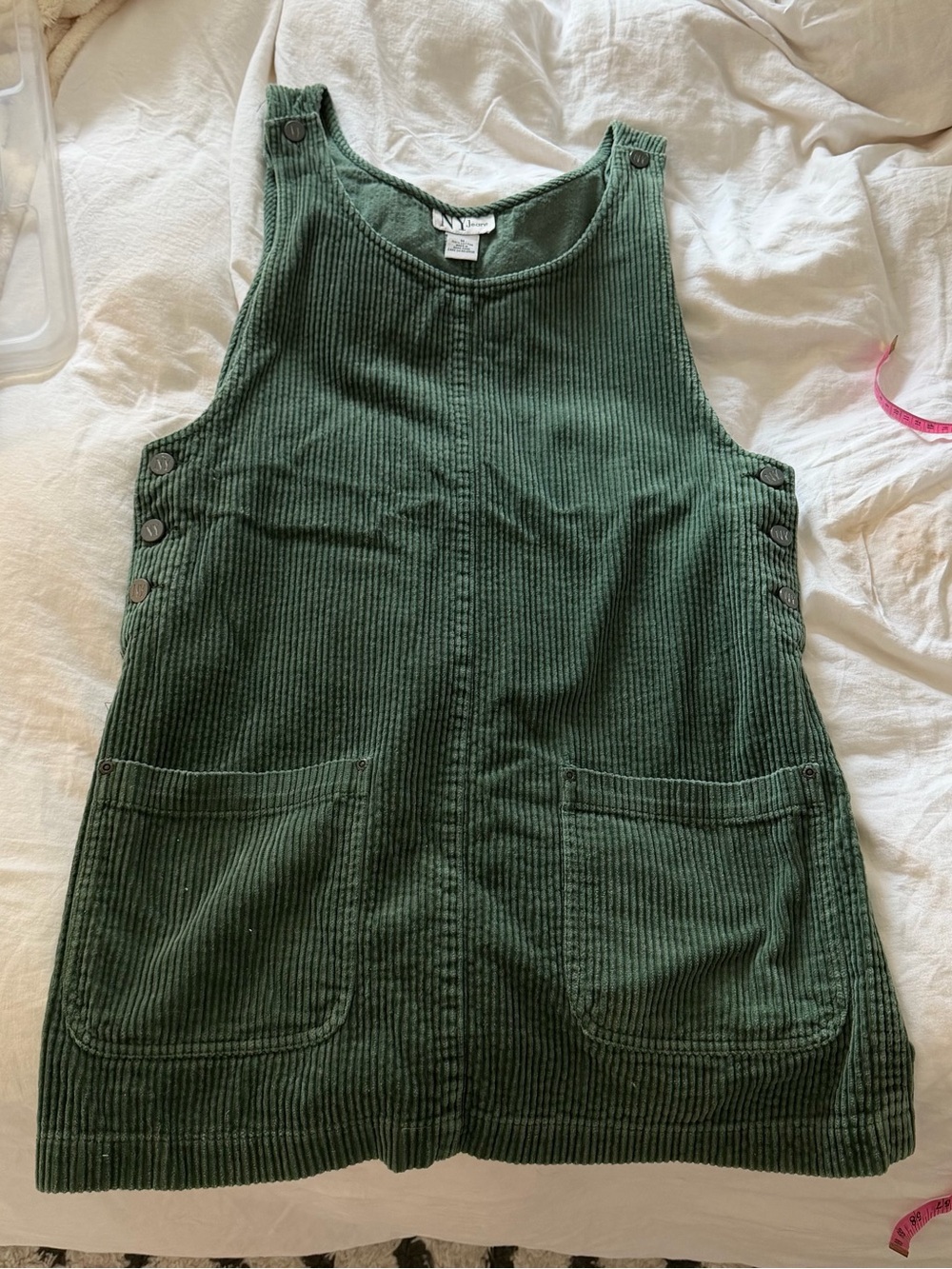 NY jeans vintage Green Corduroy Pocket Pinafore Dress size M